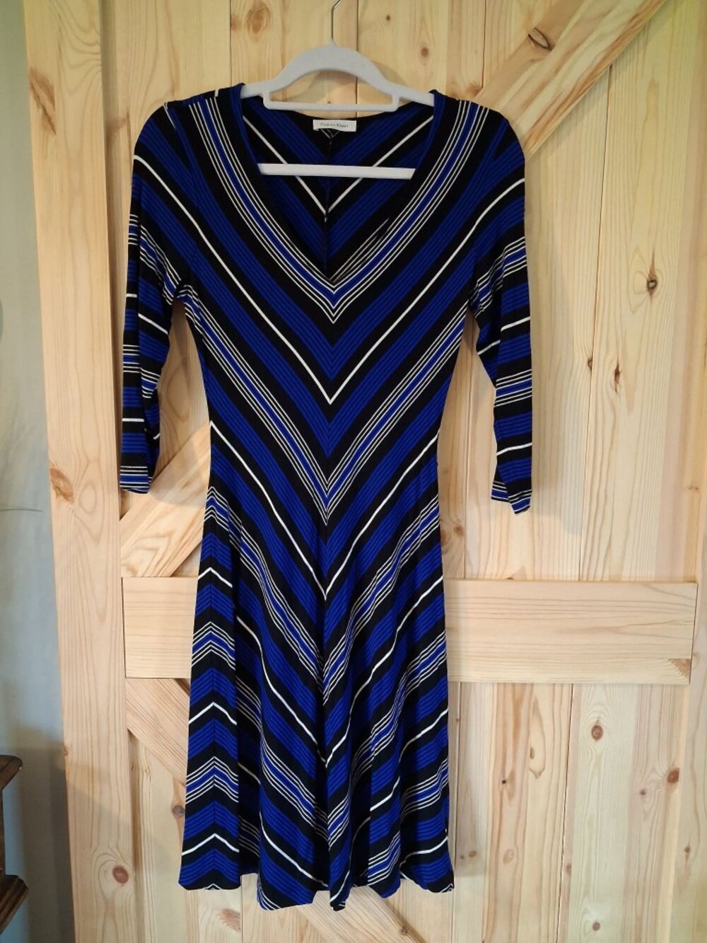 Calvin Klein Blue Black Striped Dress Womens V Neck Fit & Flare 3/4 Sleeve